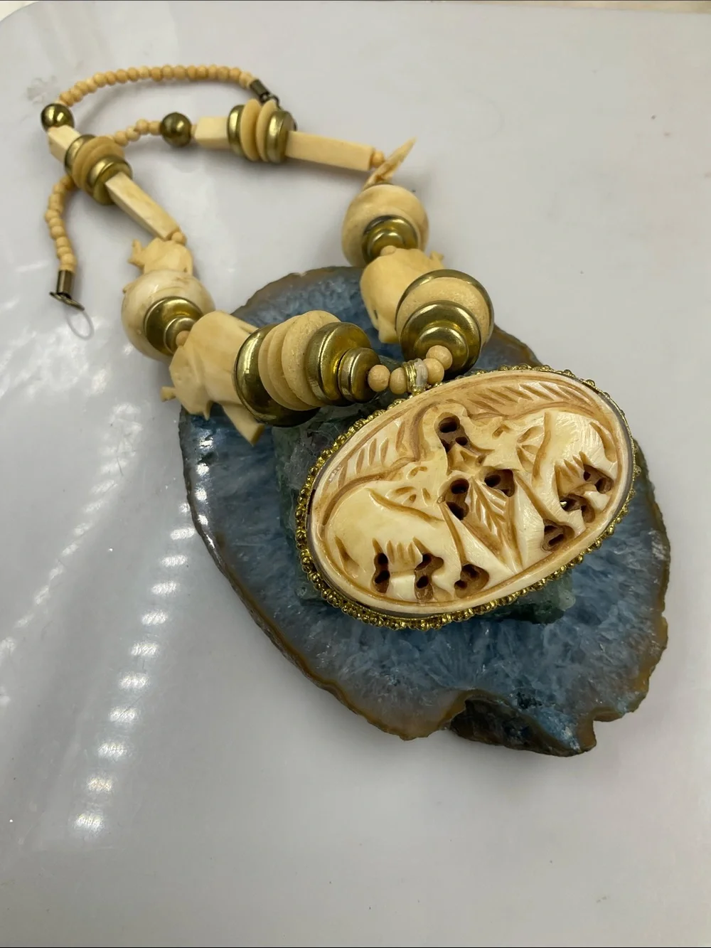 Vintage 1960 Gold Tone Hand Carved Bone Elephant Pendant Statement Necklace